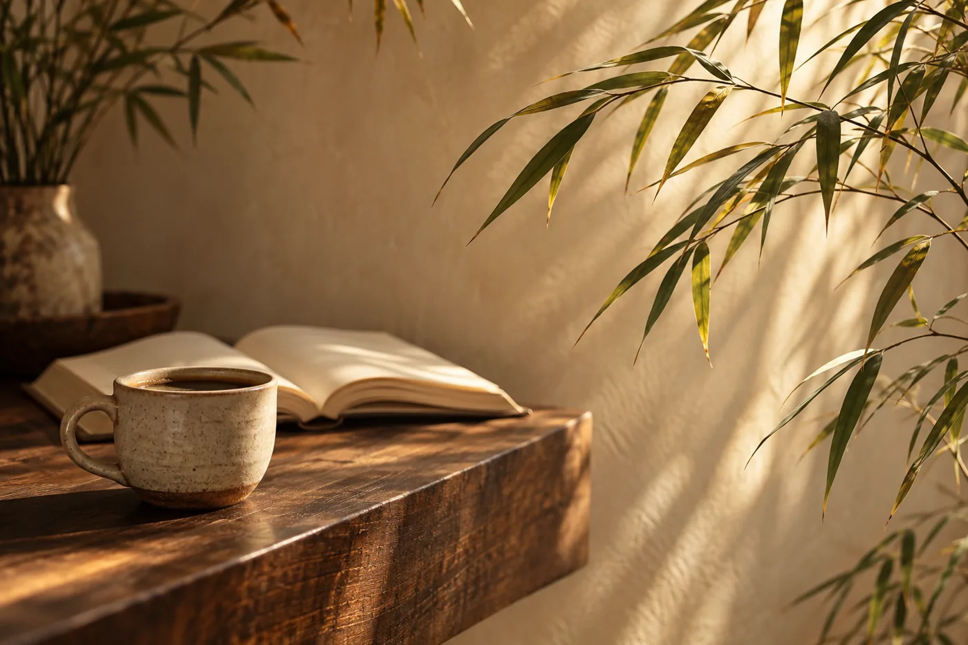 Cena ilustrativa criada com IA: uma xícara de café, um livro aberto e folhas de bambu à luz da manhã.