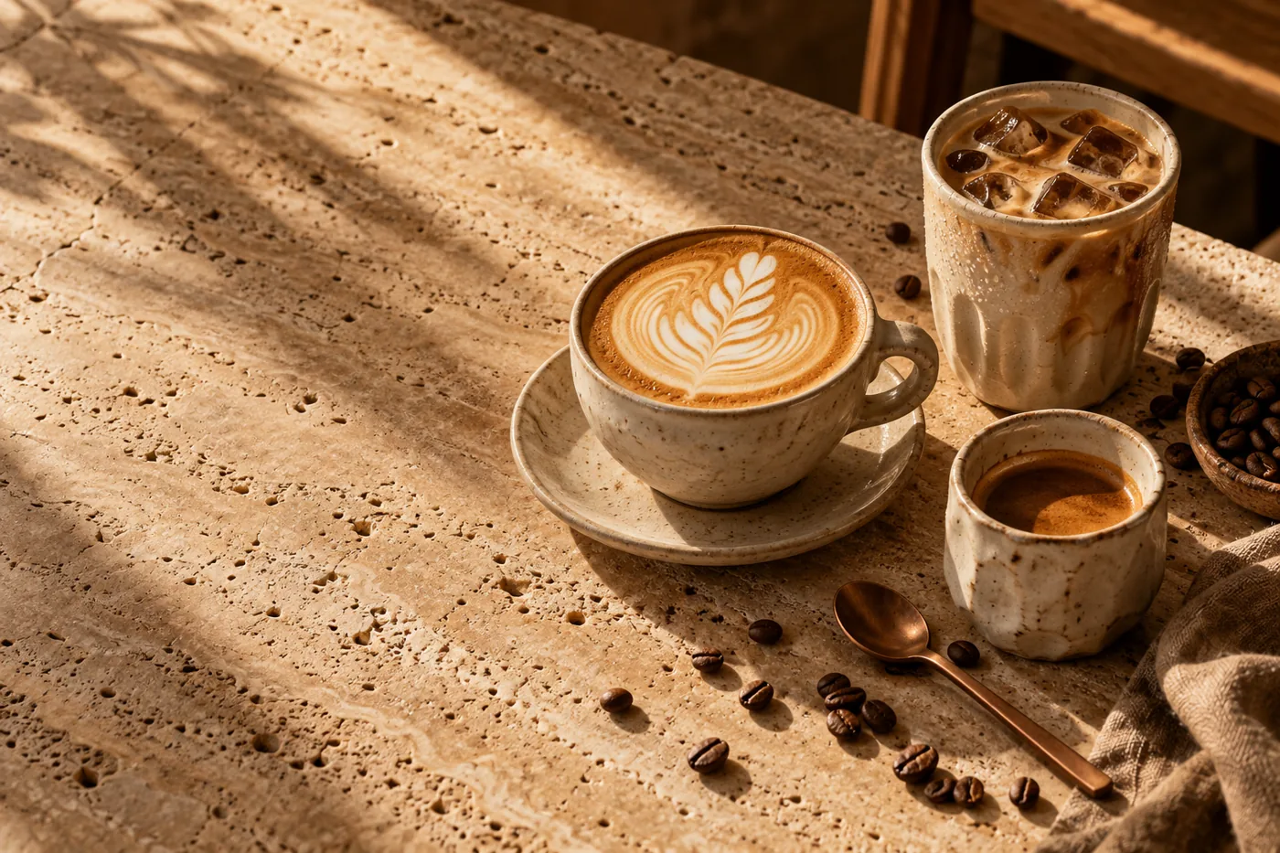 Cena ilustrativa criada com IA: três cafés sobre uma mesa de pedra ao sol.