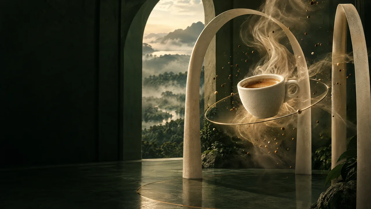 A porcelain cup suspended in an imagined coffee observatory.